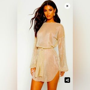 Gold Balloon Sleeve Sheer Dress